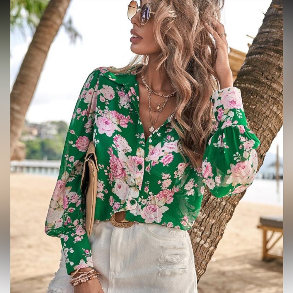 Floral Green Semi Sheer Top Blouse Button Down Up Shirt